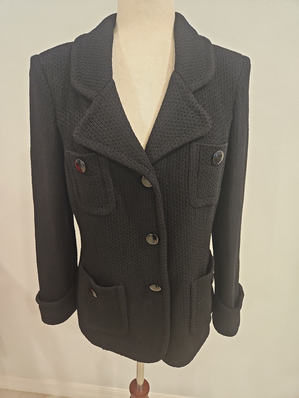 St. John Caviar Santana Knit Jacket Black Textured Blazer Sz 8 Classic Luxe
